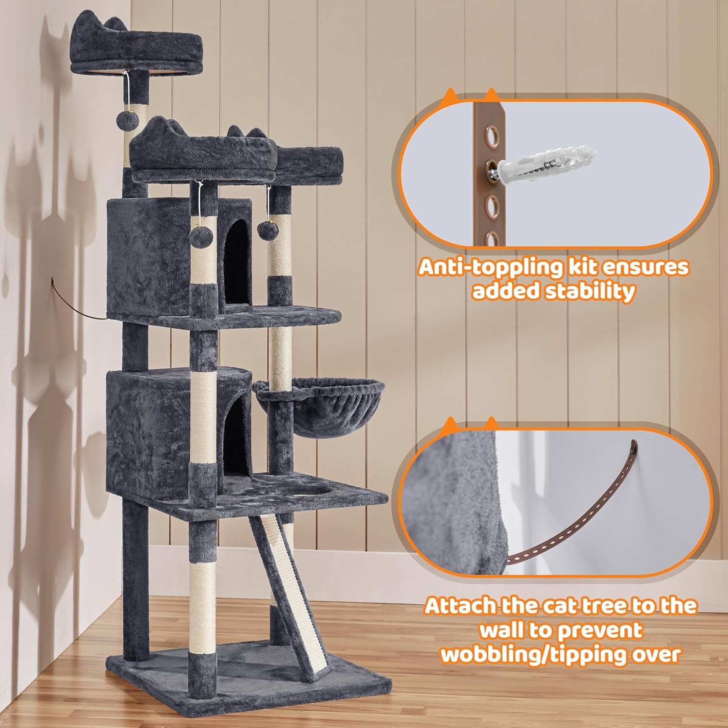 68.5In Multi-Level Large Cat Condo with Sisal-Covered Platforms Scratching Board & Scratching Posts, Cozy Perches, Stable Cat Tower/Tree Pet Play House, Dark Gray