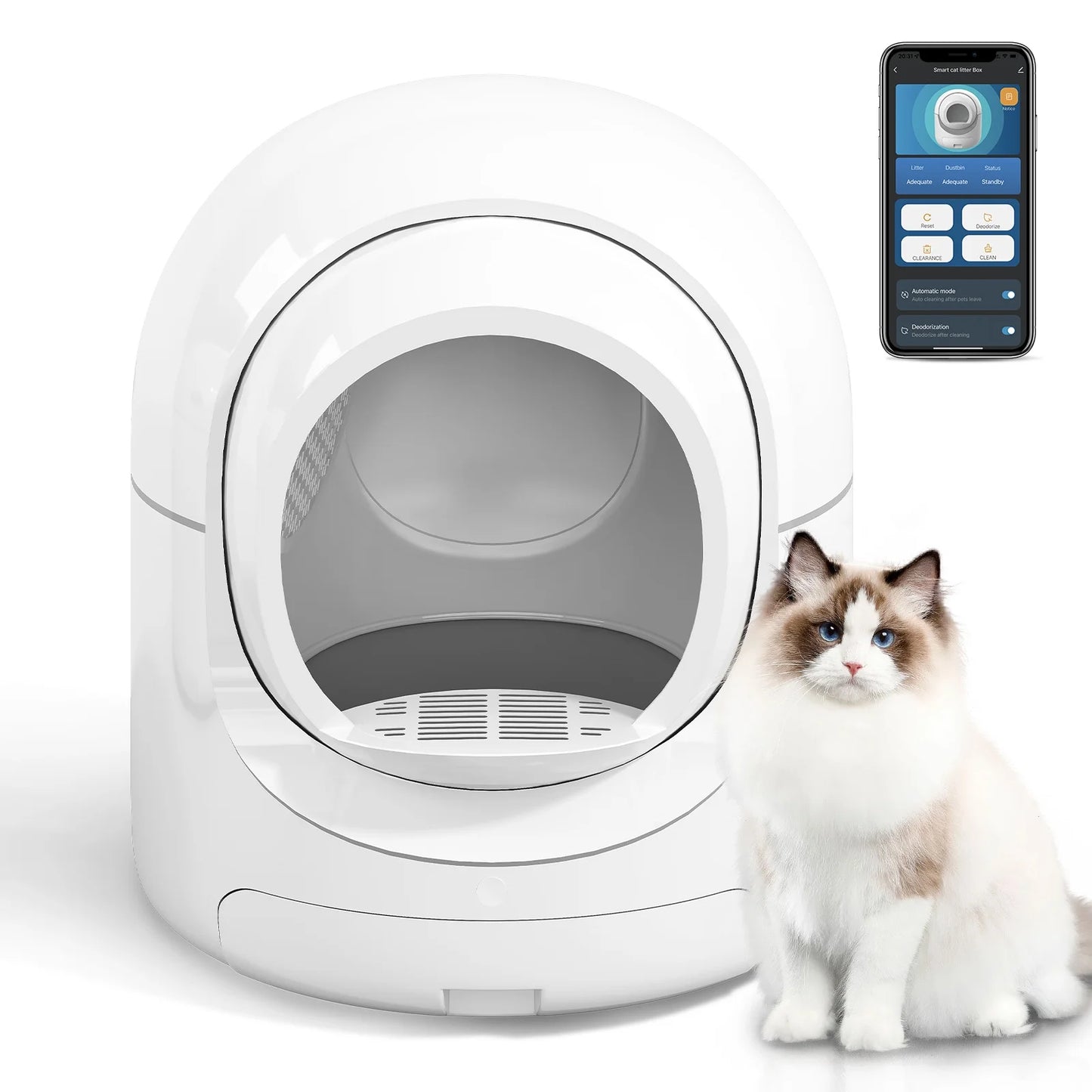 Self Cleaning Cat Litter Box,App Control Support,Odor Removal,85L Large Capacity,White&Gray