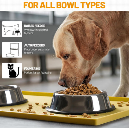 Dog Feeding Mat,Silicone Pet Food and Water Bowl Placemat,Dishwasher, High Raised Edge to Prevent Spills,Nonslip Waterproof Tray to Stop Messes on Floor (24"X16"X0.5", Yellow)