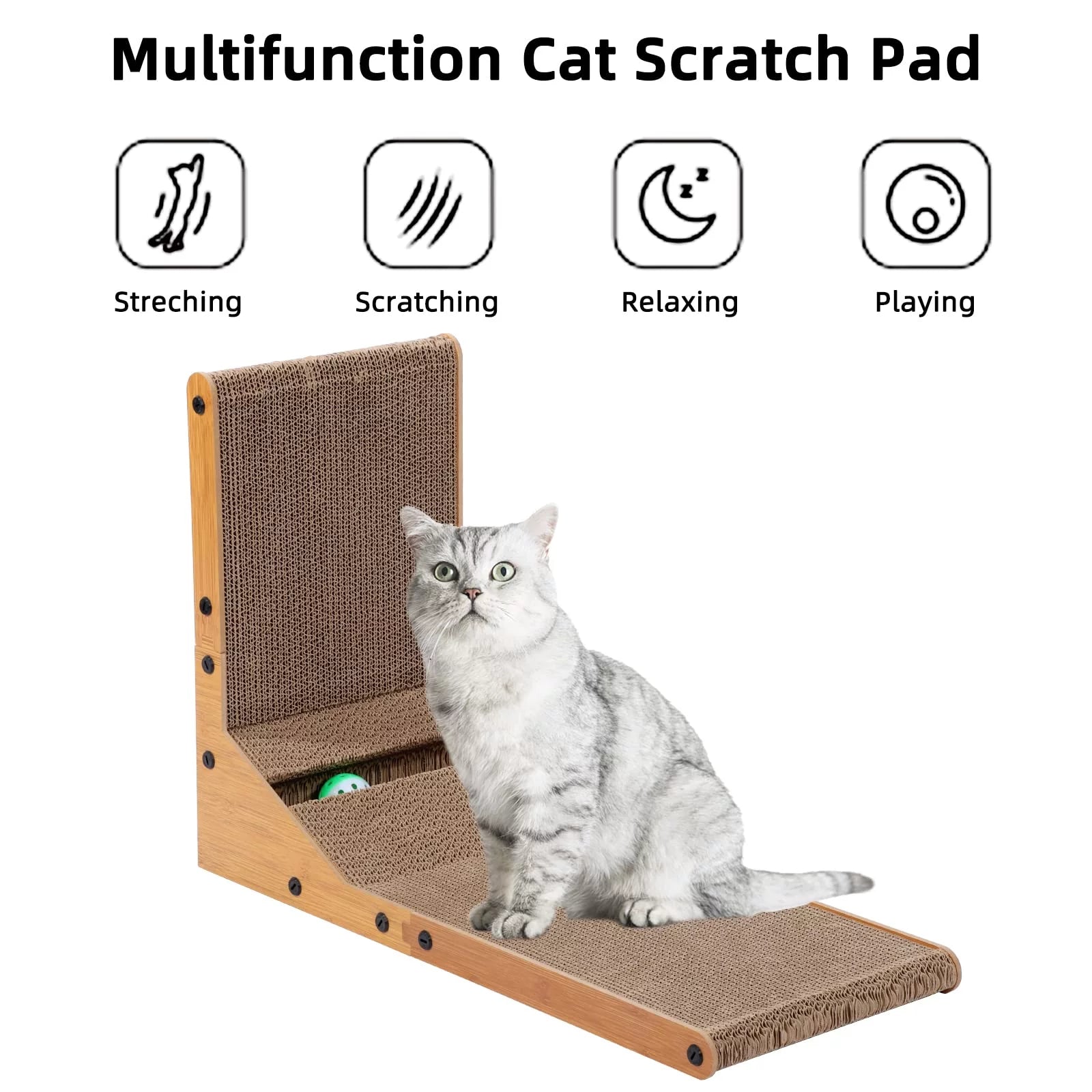 Cat Scratcher, 23.6 Inch Large L-Shaped - Wall Mounted Cat Scratch Pad with Ball Toy for Indoor Cats, Vertical Cat Scratcher Board, Durable Cardboard