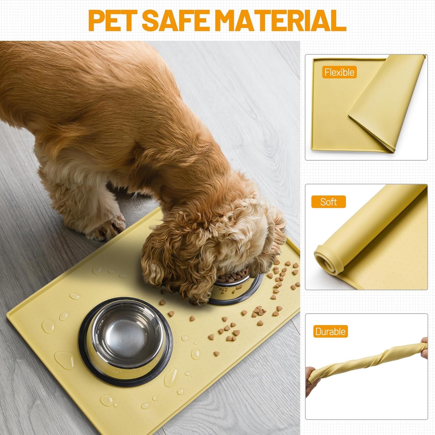 Dog Feeding Mat,Silicone Pet Food and Water Bowl Placemat,Dishwasher, High Raised Edge to Prevent Spills,Nonslip Waterproof Tray to Stop Messes on Floor (24"X16"X0.5", Yellow)