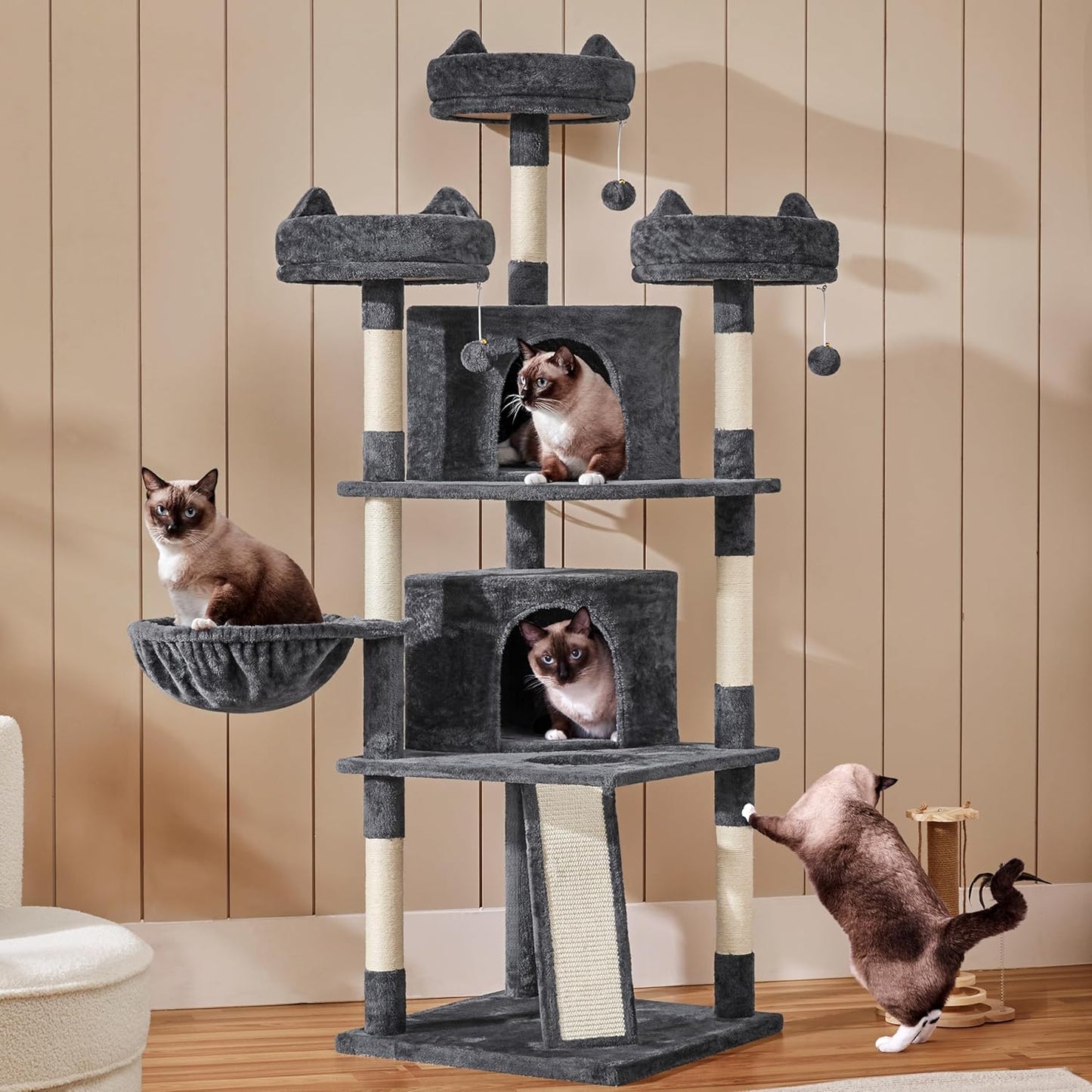 68.5In Multi-Level Large Cat Condo with Sisal-Covered Platforms Scratching Board & Scratching Posts, Cozy Perches, Stable Cat Tower/Tree Pet Play House, Dark Gray