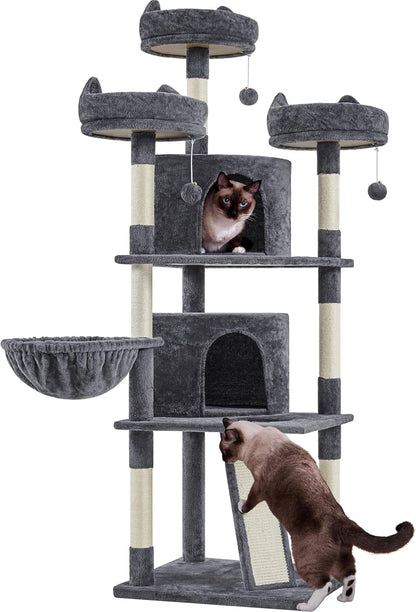 68.5In Multi-Level Large Cat Condo with Sisal-Covered Platforms Scratching Board & Scratching Posts, Cozy Perches, Stable Cat Tower/Tree Pet Play House, Dark Gray