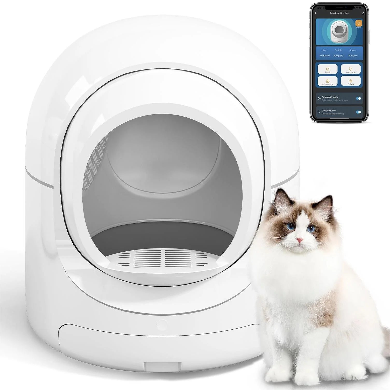 Self Cleaning Cat Litter Box,App Control Support,Odor Removal,85L Large Capacity,White&Gray